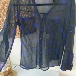 Sheer flannel print button up blouse Express